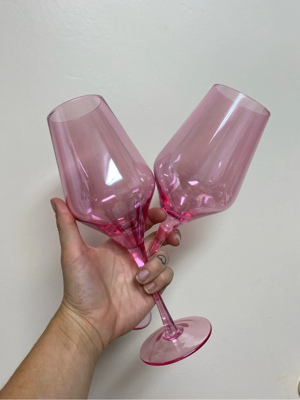 Pink Glass Wine Glasses-Set of 2 Stemmed Goblets Colorful Barware Retro
